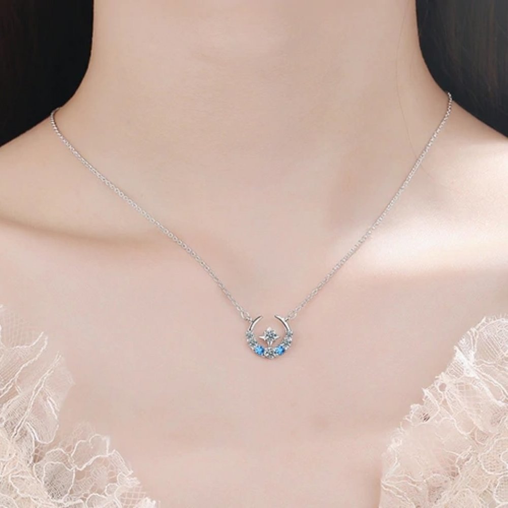 NEW 925 Sterling Silver Diamond Moon Star Necklace - Picture 2 of 2